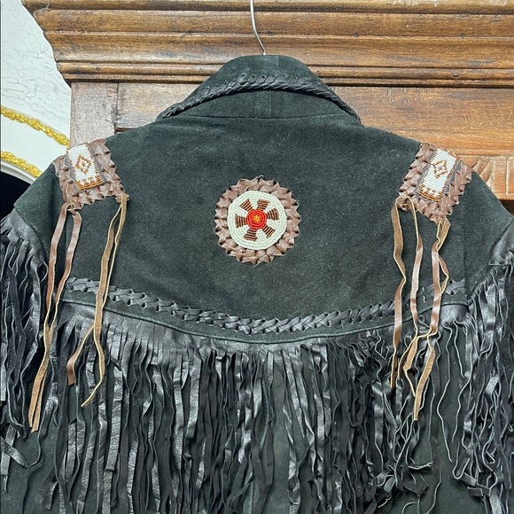 Western Fringed Suede Leather Native Beaded Jacket Size XL - Picture 4 of 13